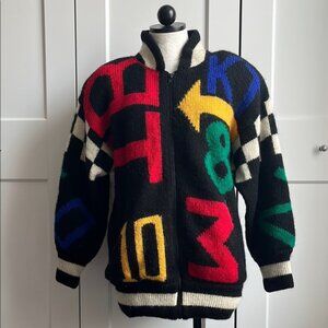 I.B. Sport Vintage Colorful Graphic Knit Sweater Zip Front Bomber Jacket